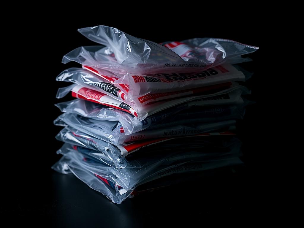Sacos plásticos lisos e impressos empilhados